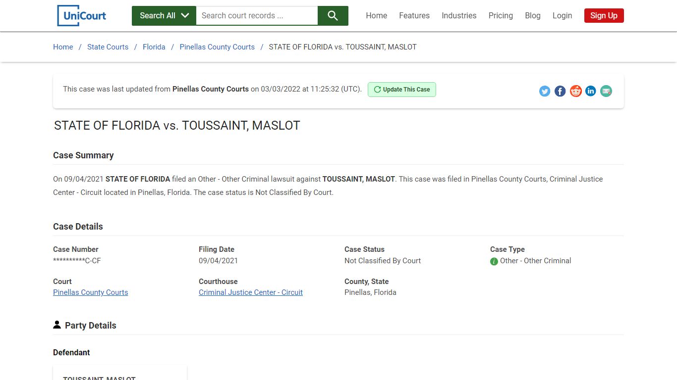 STATE OF FLORIDA vs TOUSSAINT, MASLOT | Court Records - UniCourt